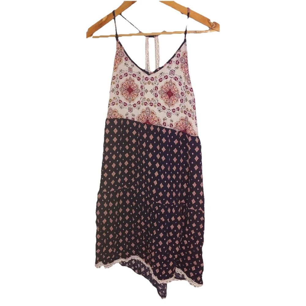 Sequin Hearts bandana Tank Top  Dress Navy Lace Trim Criss Cross Back size Large